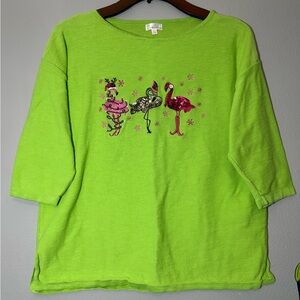 CABANA CAY WOMEN'S Sz L GREEN FLAMINGO CHRISTMAS EMBELLISHED SWEATER 3/4 SLEEVES